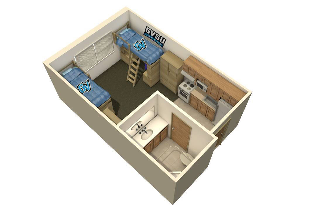 1-Bedroom Apartment Style 3D layout including 2 beds, a kitchen area, and bathroom.